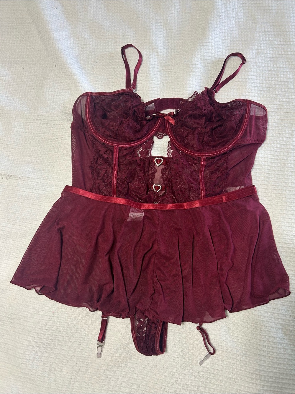 Sheer Lace Bodysuit Lingerie and Detachable Skirt in Wine Red